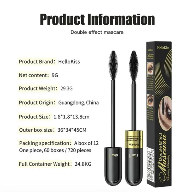 2 in 1 4-D Silk Fiber Eyelashes, Lengthening Mascara, Waterproof Long Lasting Lash Color, 4-D Mascara