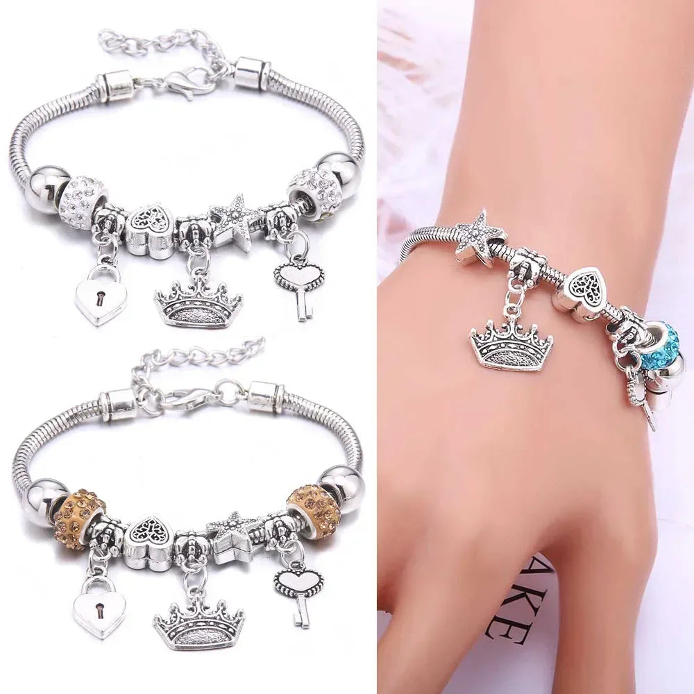 New Charm Bracelet & Bangles Jewelry for Women - White Butterfly Crown Beads "Lobster Clasp" Charm Bracelets
