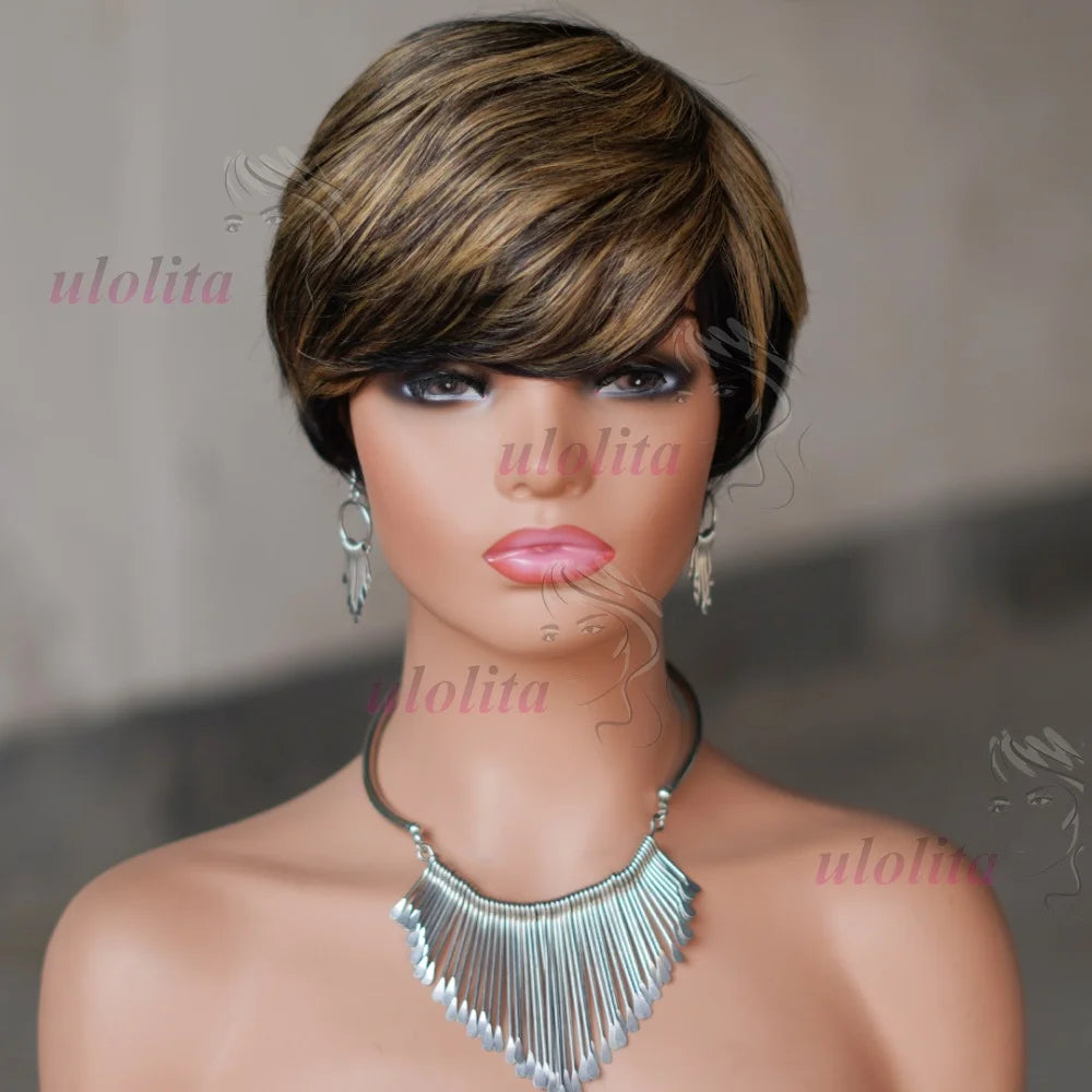 Short Human Hair Wigs - Full Machine Made Wigs, Straight, Highlights, Pixie Cut Wigs with bangs, Human Hair, for Women