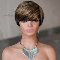 Short Human Hair Wigs - Full Machine Made Wigs, Straight, Highlights, Pixie Cut Wigs with bangs, Human Hair, for Women