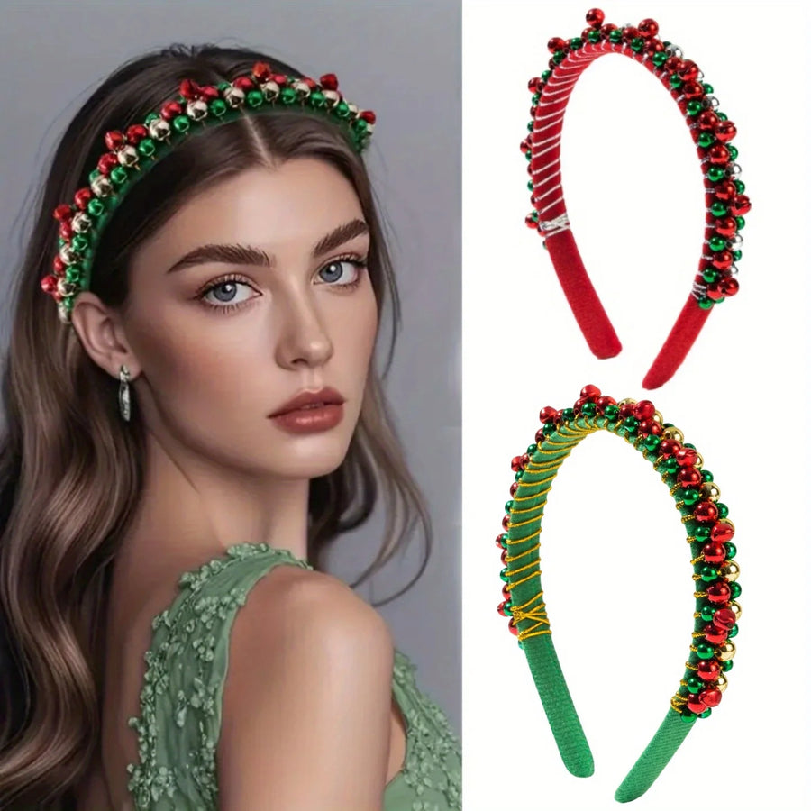 1pc Christmas Headband with Red & Green Beads, Golden Bells, Hand-Wrapped Party Hairband for Women, Holiday Photoshoots