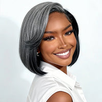 Salt & Pepper Pixie Straight Bob Wig, Wear & Go Dark Grey Glueless 5x1 Lace Wig, 100% Human Hair