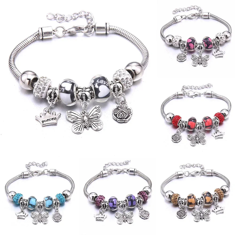 New Charm Bracelet & Bangles Jewelry for Women - White Butterfly Crown Beads "Lobster Clasp" Charm Bracelets