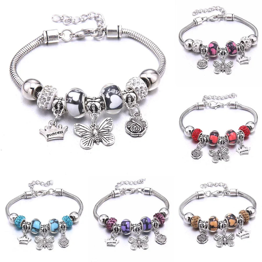 New Charm Bracelet & Bangles Jewelry for Women - White Butterfly Crown Beads "Lobster Clasp" Charm Bracelets
