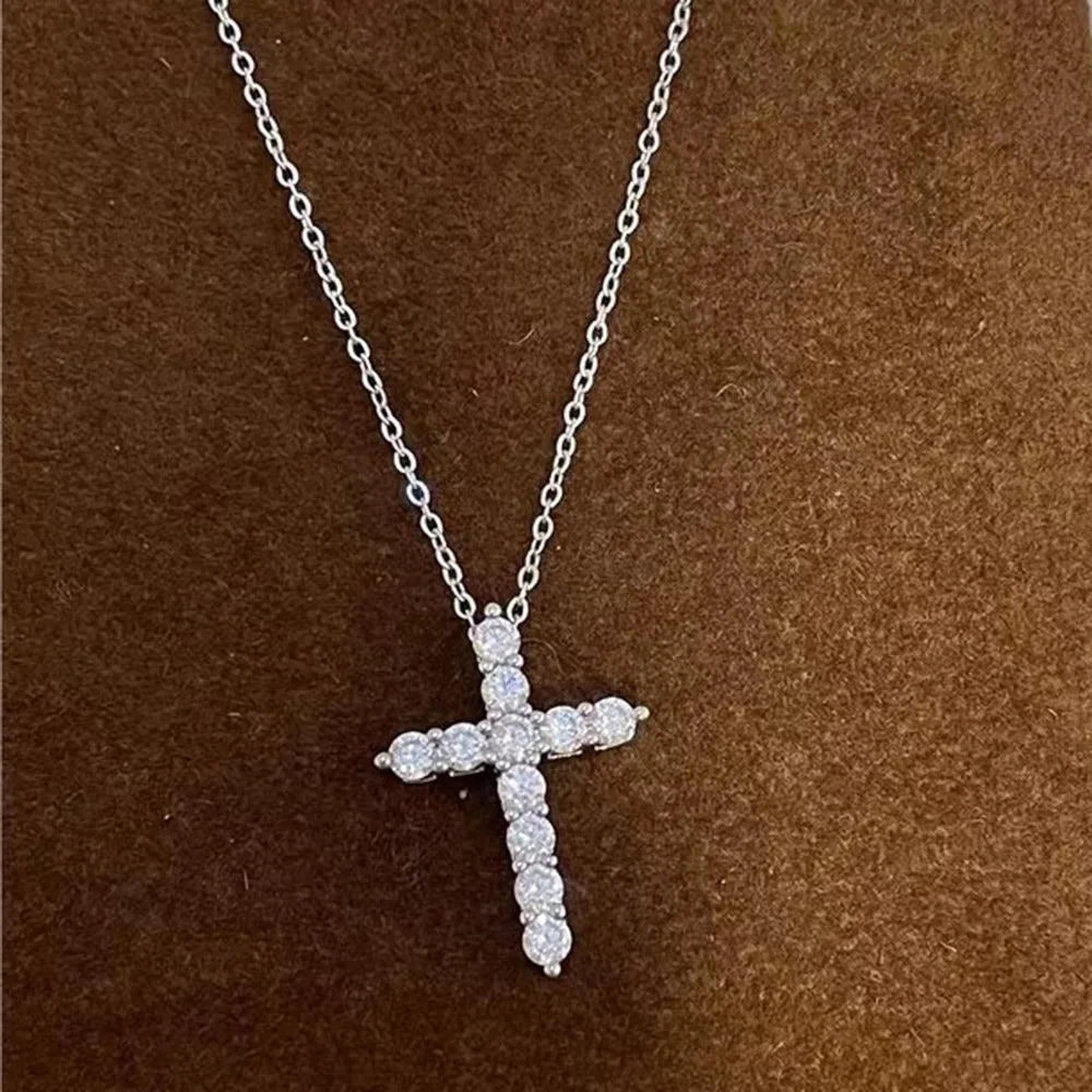 Moissanite Cross Pendant Necklace, Marked 925 Sterling Silver