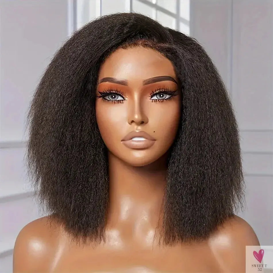 Short Bob - 250% Density, Kinky Straight, 13x4 HD Lace Front Human Hair Wigs, Glueless Wigs, Coarse Yaki Sweet T 52
