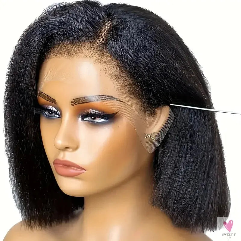 Short Bob - 250% Density, Kinky Straight, 13x4 HD Lace Front Human Hair Wigs, Glueless Wigs, Coarse Yaki Sweet T 52