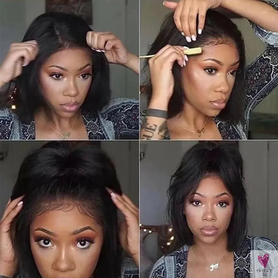Short Bob - 250% Density, Kinky Straight, 13x4 HD Lace Front Human Hair Wigs, Glueless Wigs, Coarse Yaki Sweet T 52