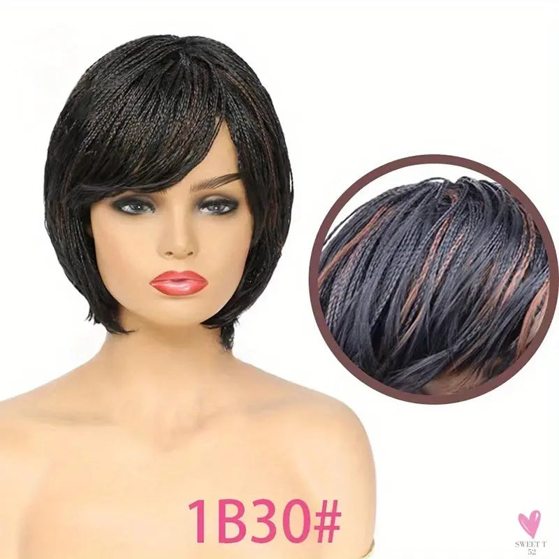 Short Bob Box Braided Wig with Bangs, Pixie Cut, Side Part, Synthetic Heat Resistant Ombre Crochet Braided Wig Sweet T 52