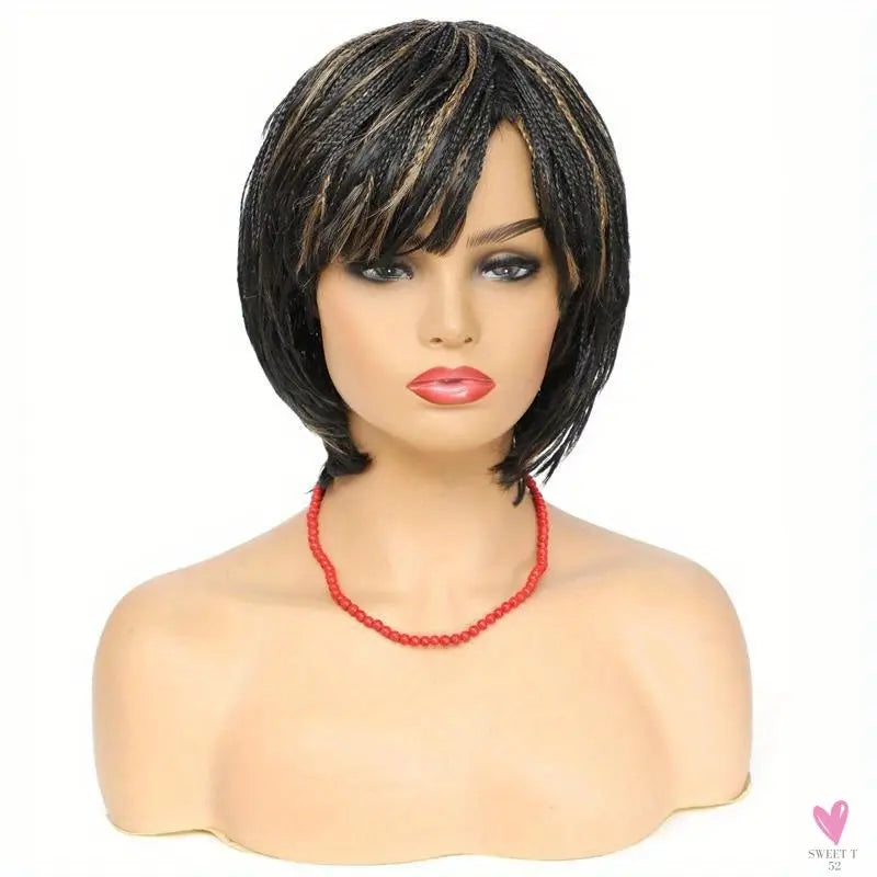 Short Bob Box Braided Wig with Bangs, Pixie Cut, Side Part, Synthetic Heat Resistant Ombre Crochet Braided Wig Sweet T 52