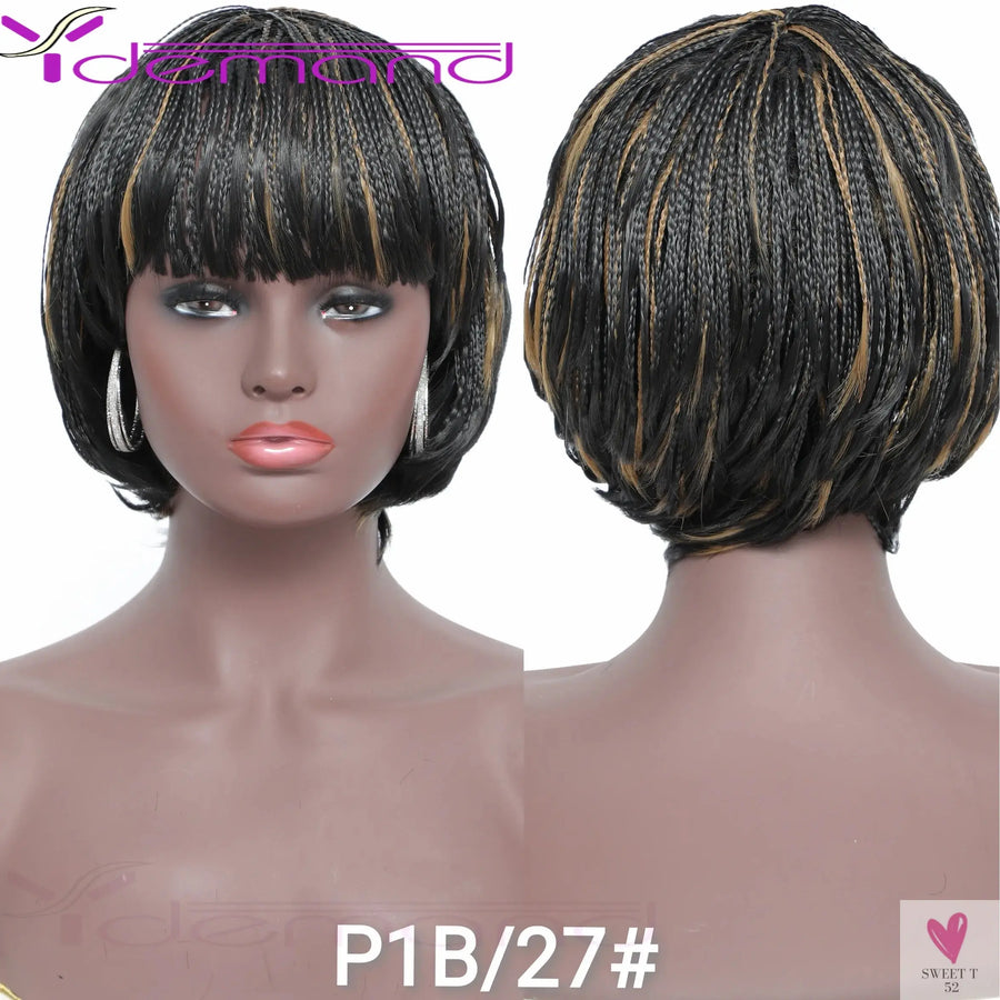 Short Braided Wigs With Bangs for Women & Girls. Braided Wigs, Natural Color, Synthetic Hair Fiber Sweet T 52