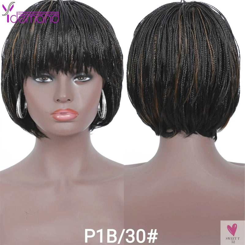 Short Braided Wigs With Bangs for Women & Girls. Braided Wigs, Natural Color, Synthetic Hair Fiber Sweet T 52