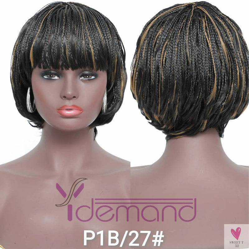 Short Braided Wigs With Bangs for Women & Girls. Braided Wigs, Natural Color, Synthetic Hair Fiber Sweet T 52