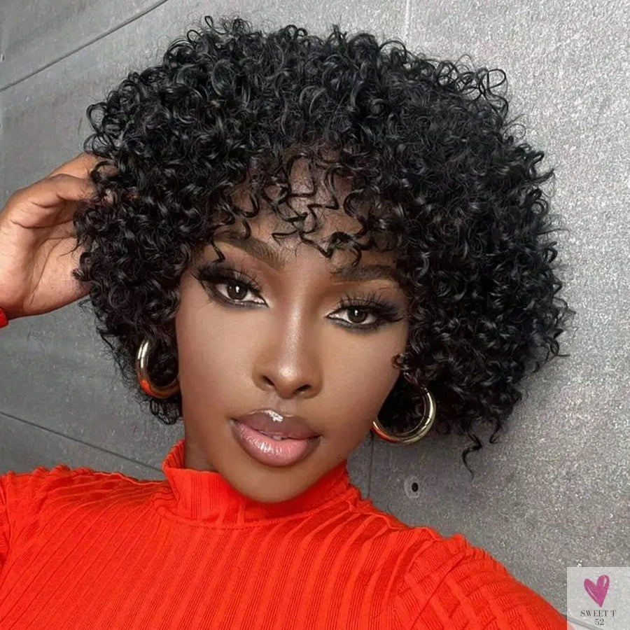 Short Curly Human Hair Wig With Bangs Afro Wig None Lace Front Human Hair Wigs for Women - 180% Density Sweet T 52