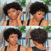 Short Curly Human Hair Wig With Bangs Afro Wig None Lace Front Human Hair Wigs for Women - 180% Density Sweet T 52