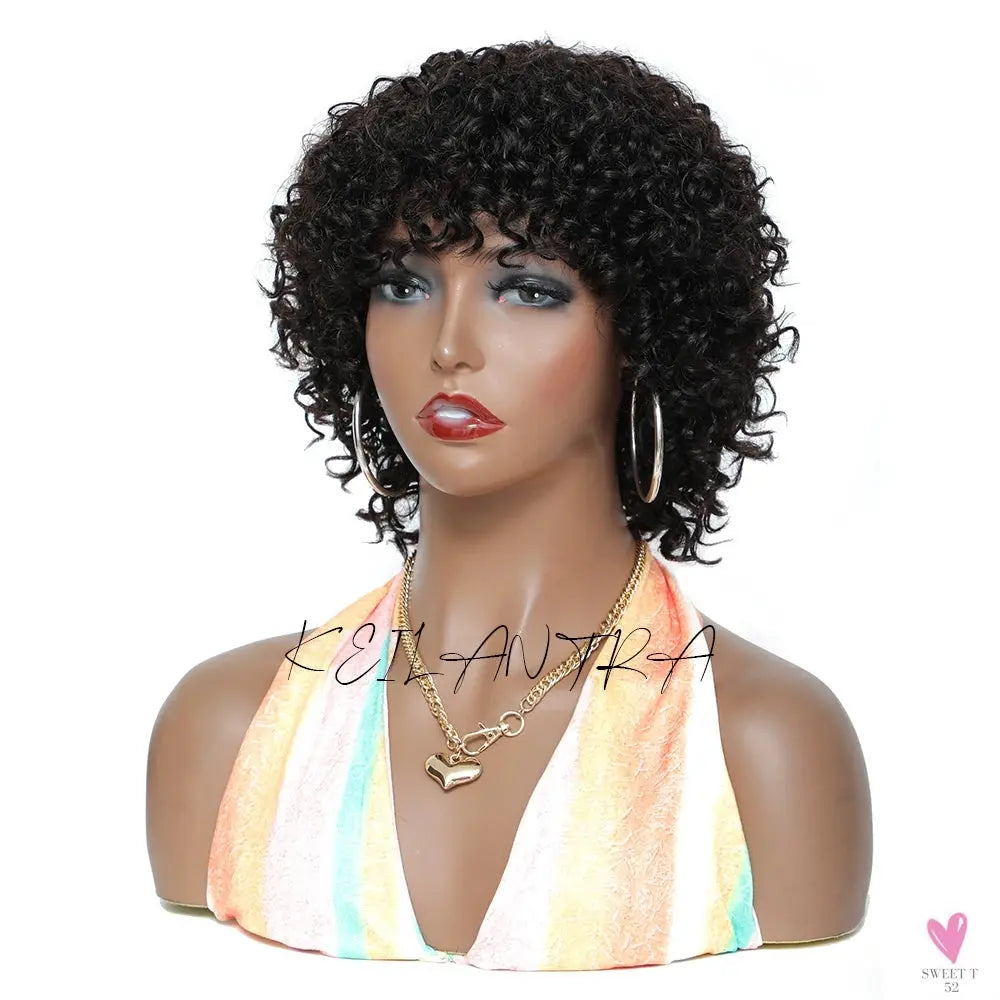 Short Curly Human Hair Wig With Bangs Afro Wig None Lace Front Human Hair Wigs for Women - 180% Density Sweet T 52