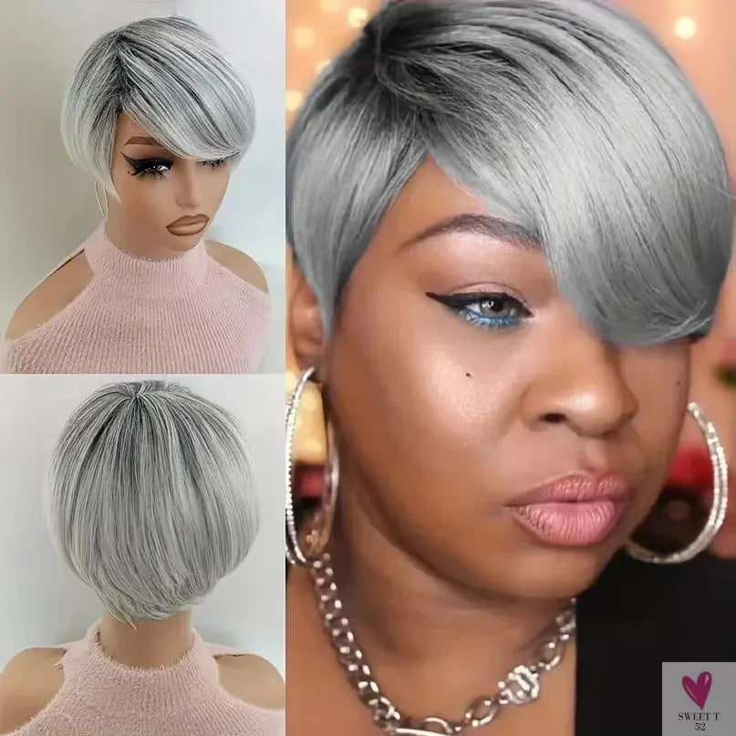 Short Gray Synthetic Wigs for Women - Classic Gray Hairstyle, Pixie Cut Wigs SWEET T 52