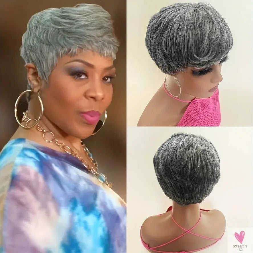 Short Gray Synthetic Wigs for Women - Classic Gray Hairstyle, Pixie Cut Wigs SWEET T 52