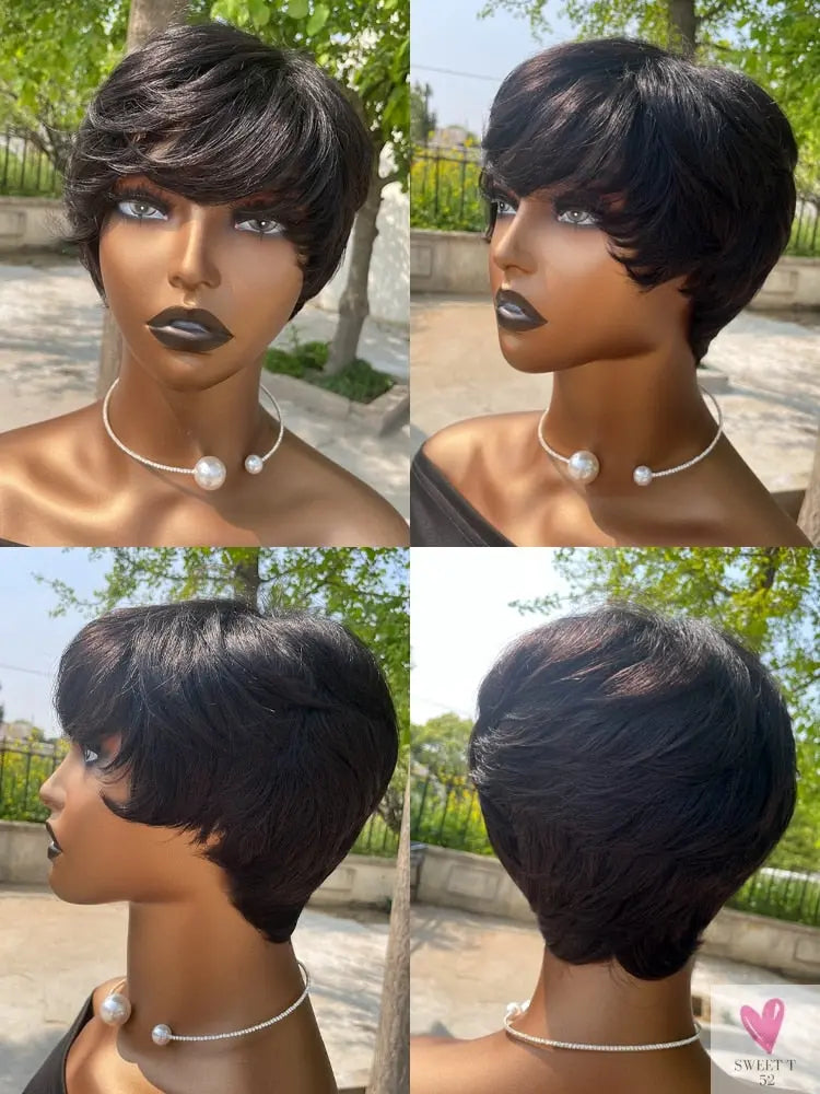 Short Human Hair Wigs, Pixie Cut, Straight Perruque Bresillienne for Women & Girls - Machine Made Wigs With Bangs, Glueless Wig-hair accessories-SWEET T 52
