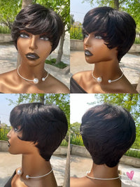 Short Human Hair Wigs, Pixie Cut, Straight Perruque Bresillienne for Women & Girls - Machine Made Wigs With Bangs, Glueless Wig-hair accessories-SWEET T 52