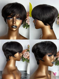Short Human Hair Wigs, Pixie Cut, Straight Perruque Bresillienne for Women & Girls - Machine Made Wigs With Bangs, Glueless Wig-hair accessories-SWEET T 52