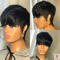 Short Human Hair Wigs, Pixie Cut, Straight Perruque Bresillienne for Women & Girls - Machine Made Wigs With Bangs, Glueless Wig-hair accessories-SWEET T 52