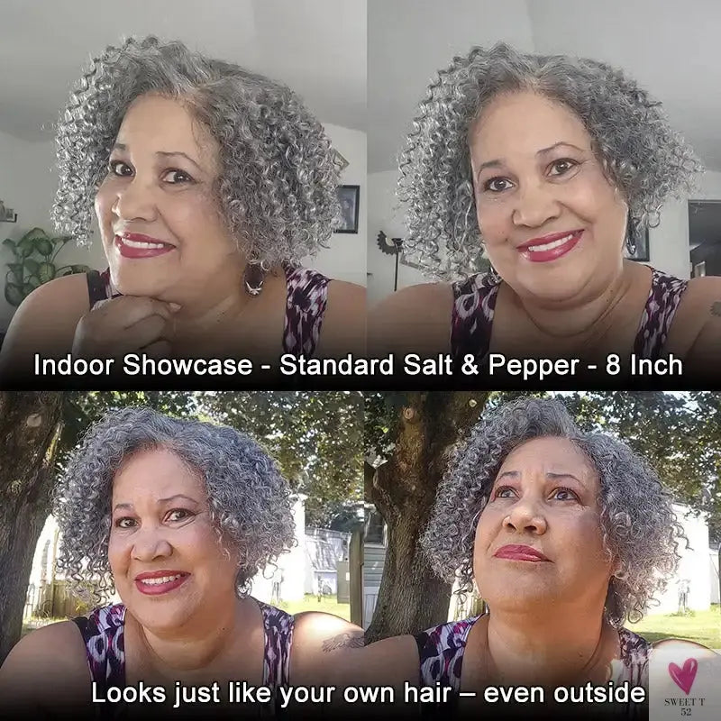 Short Jerry Curly Gray Wig - Real Salt & Pepper Human Hair Glueless Lace Wigs for Mature Women, Deep Wave Bob Wig Sweet T 52