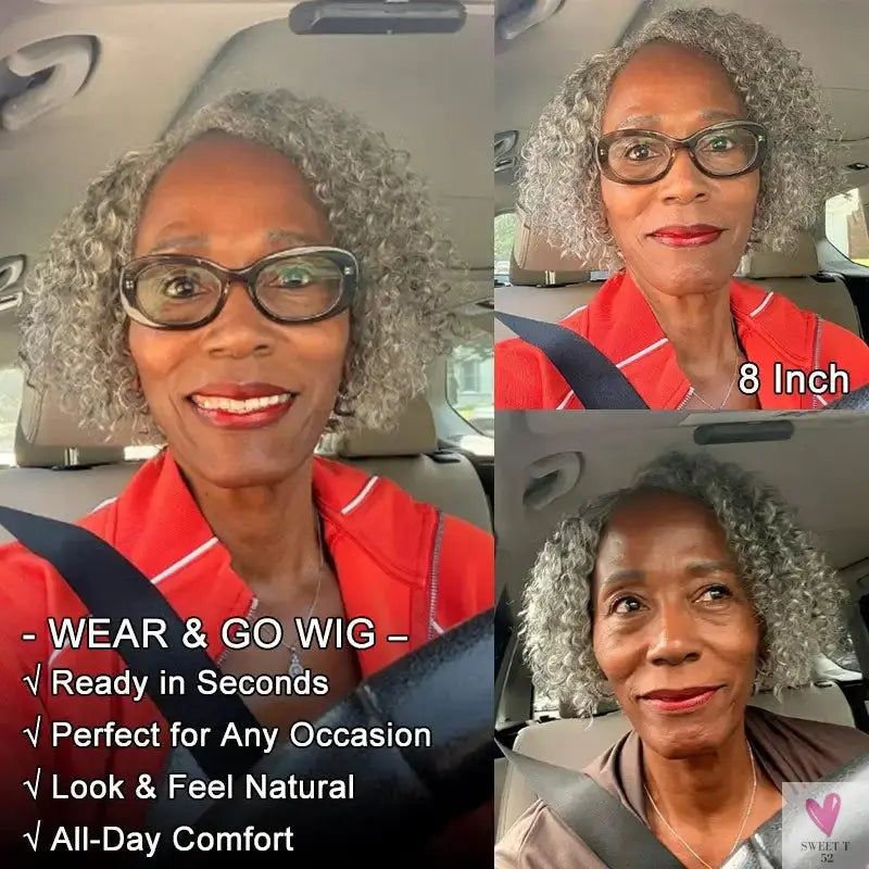 Short Jerry Curly Gray Wig - Real Salt & Pepper Human Hair Glueless Lace Wigs for Mature Women, Deep Wave Bob Wig Sweet T 52