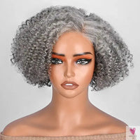 Short Jerry Curly Gray Wig - Real Salt & Pepper Human Hair Glueless Lace Wigs for Mature Women, Deep Wave Bob Wig Sweet T 52