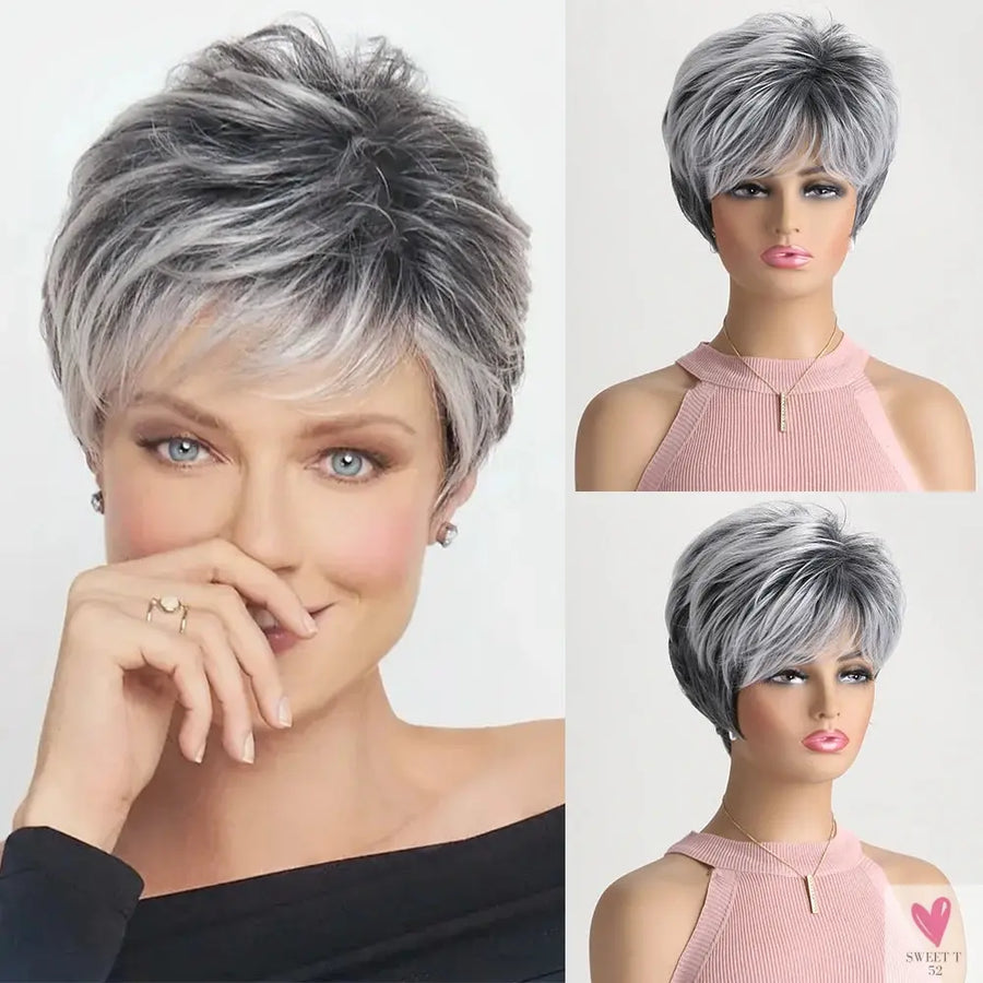 Short Natural Wigs with Bangs - Soft Hair for Daily Use. Short  Grey Ombre Curly Synthetic Wig for Women Sweet T 52