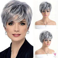 Short Natural Wigs with Bangs - Soft Hair for Daily Use. Short  Grey Ombre Curly Synthetic Wig for Women Sweet T 52