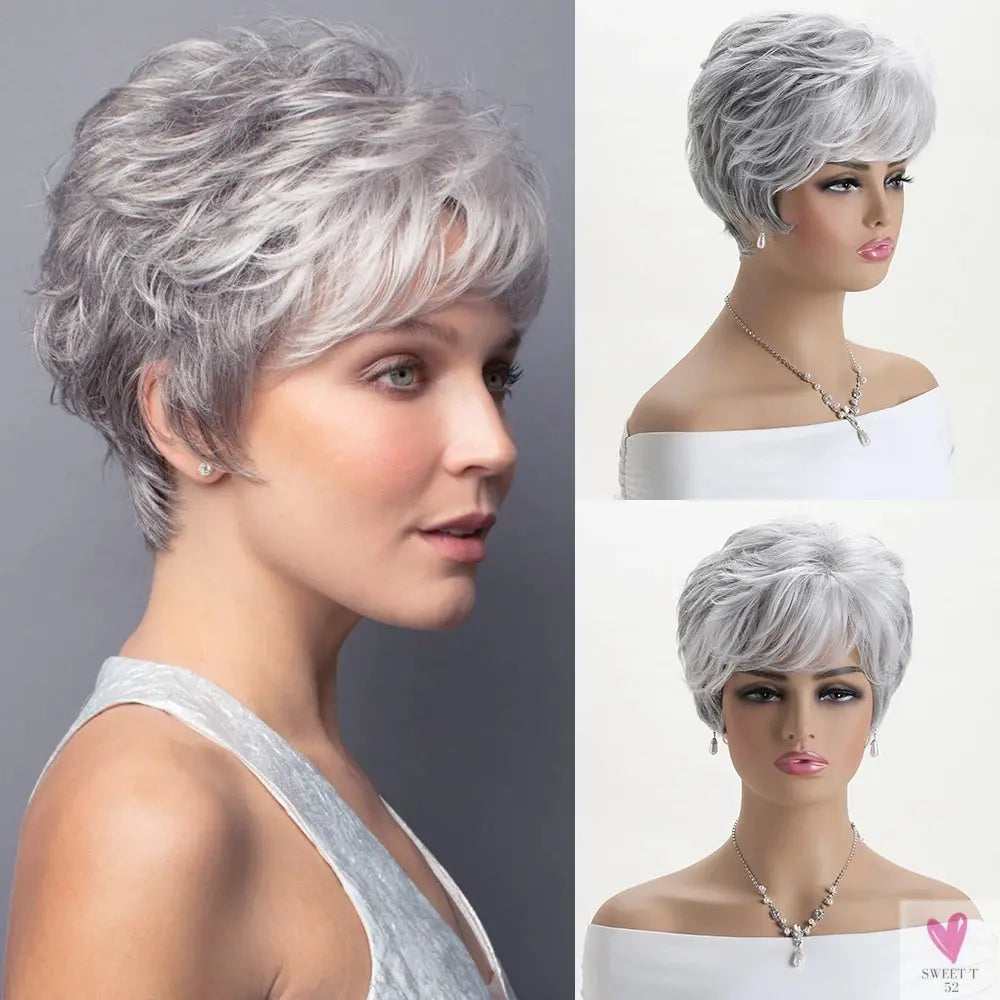 Short Natural Wigs with Bangs - Soft Hair for Daily Use. Short  Grey Ombre Curly Synthetic Wig for Women Sweet T 52