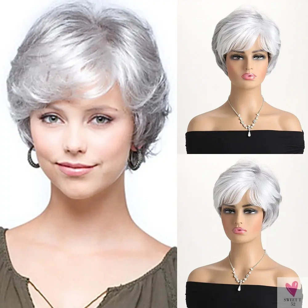 Short Natural Wigs with Bangs - Soft Hair for Daily Use. Short  Grey Ombre Curly Synthetic Wig for Women Sweet T 52