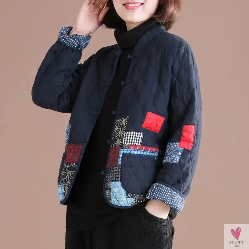 Short Patchwork Jacket for Women and Girls with V-Neck, Single Breast Closure-Coats & Jackets-SWEET T 52