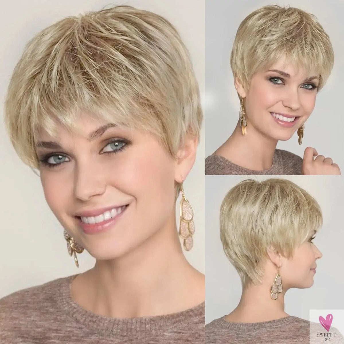 Short Pixie Cut Ash Blonde Wigs for Women with Bangs Blonde Natural Layered Blend Hair Kanekalon Human Hairs Like Texture Wigs Sweet T 52