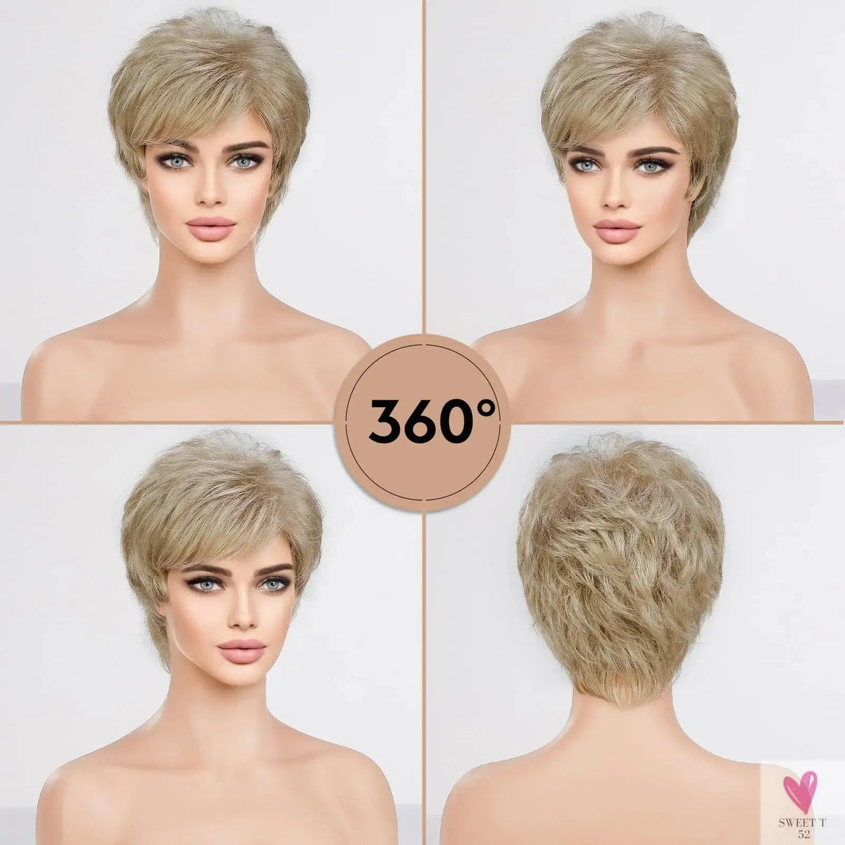 Short Pixie Cut Ash Blonde Wigs for Women with Bangs Blonde Natural Layered Blend Hair Kanekalon Human Hairs Like Texture Wigs Sweet T 52