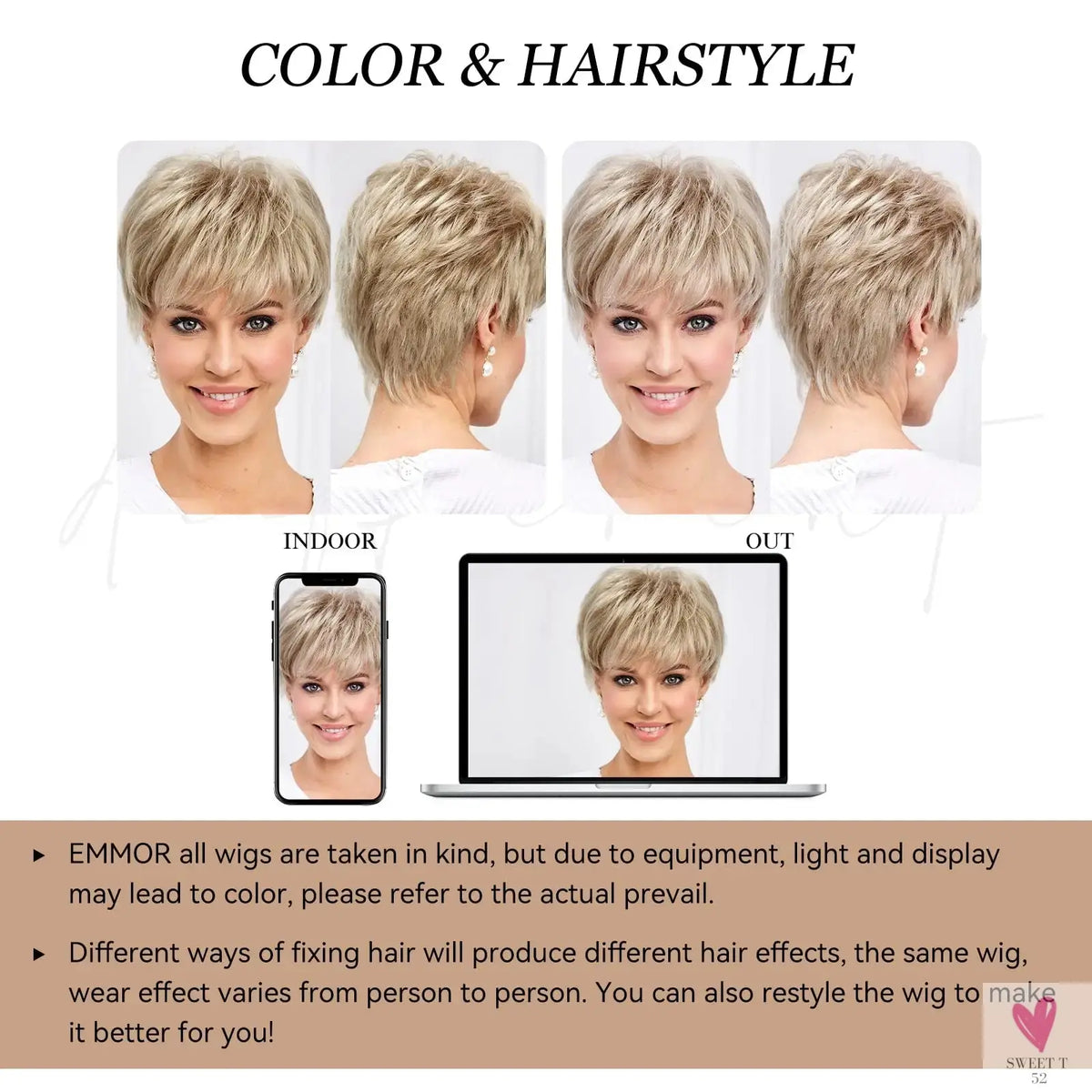 Short Pixie Cut Ash Blonde Wigs for Women with Bangs Blonde Natural Layered Blend Hair Kanekalon Human Hairs Like Texture Wigs Sweet T 52
