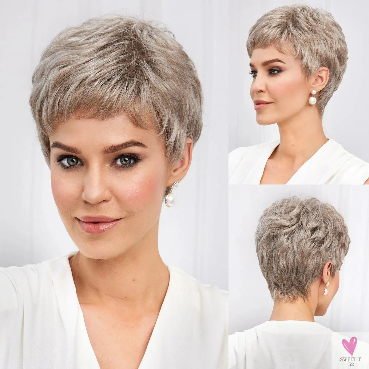 Short Pixie Cut Ash Blonde Wigs for Women with Bangs Blonde Natural Layered Blend Hair Kanekalon Human Hairs Like Texture Wigs Sweet T 52