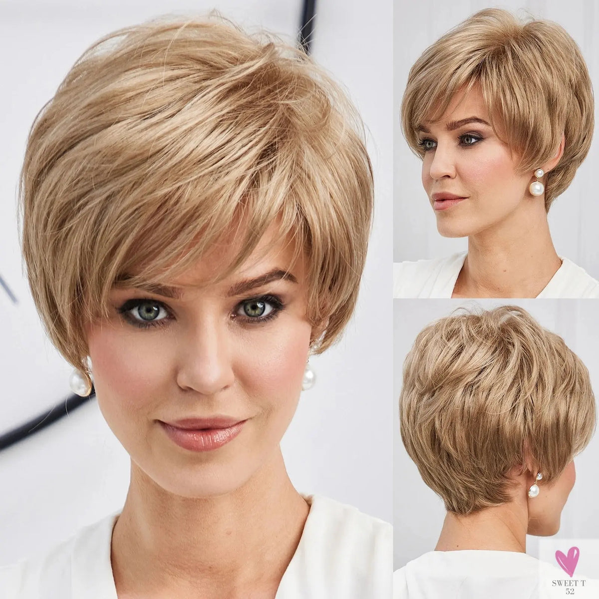 Short Pixie Cut Ash Blonde Wigs for Women with Bangs Blonde Natural Layered Blend Hair Kanekalon Human Hairs Like Texture Wigs Sweet T 52
