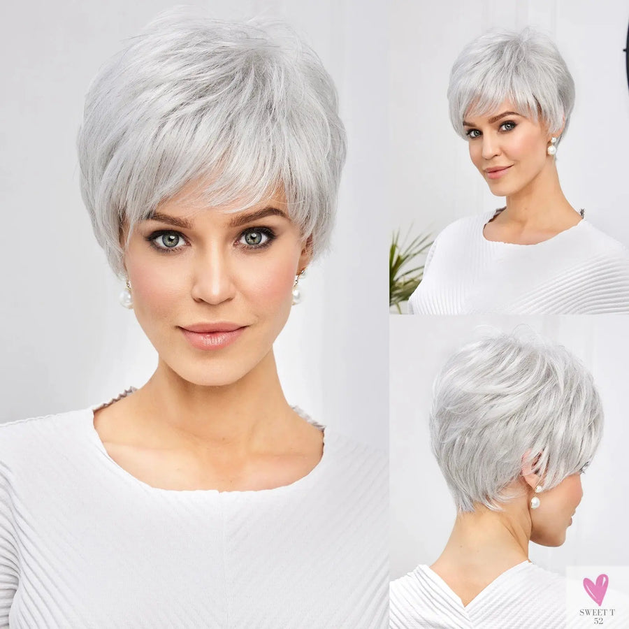 Short Pixie Cut Ash Blonde Wigs for Women with Bangs Blonde Natural Layered Blend Hair Kanekalon Human Hairs Like Texture Wigs Sweet T 52