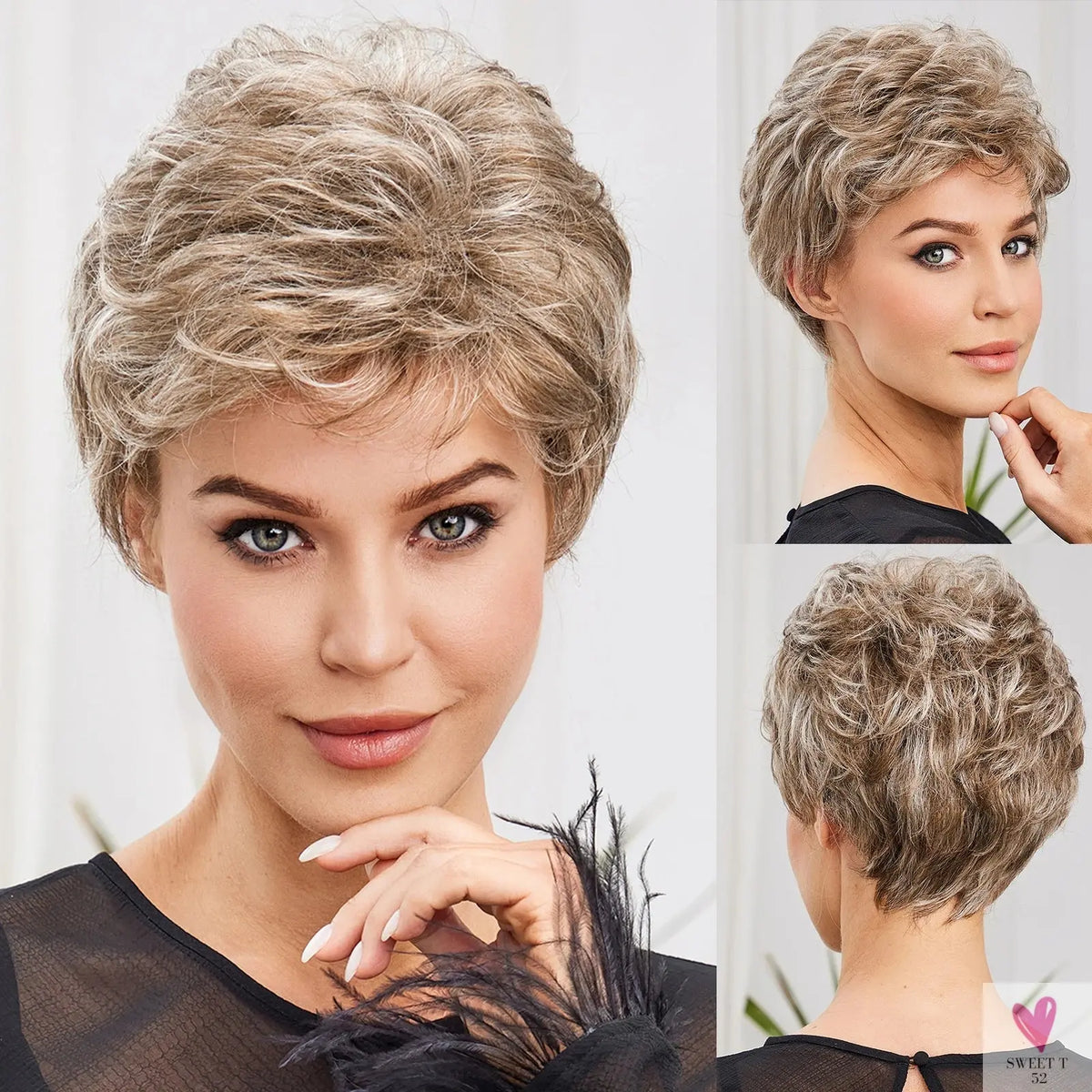 Short Pixie Cut Ash Blonde Wigs for Women with Bangs Blonde Natural Layered Blend Hair Kanekalon Human Hairs Like Texture Wigs Sweet T 52