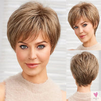 Short Pixie Cut Ash Blonde Wigs for Women with Bangs Blonde Natural Layered Blend Hair Kanekalon Human Hairs Like Texture Wigs Sweet T 52