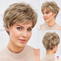 Short Pixie Cut Ash Blonde Wigs for Women with Bangs Blonde Natural Layered Blend Hair Kanekalon Human Hairs Like Texture Wigs Sweet T 52