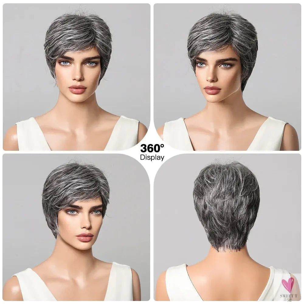 Short Pixie Cut Grey Human Hair Wig - 8 Inch Layered Fashion Blend Wig for Women, Daily Use Sweet T 52