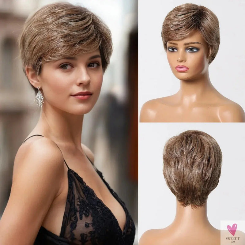 Short Pixie Cut Grey Human Hair Wig - 8 Inch Layered Fashion Blend Wig for Women, Daily Use Sweet T 52