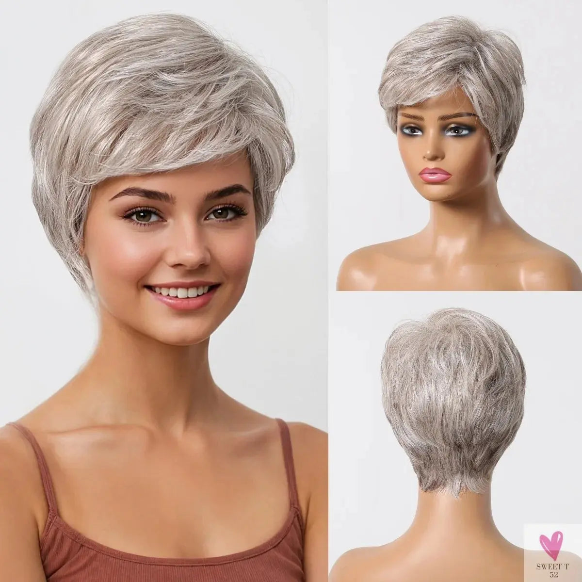 Short Pixie Cut Grey Human Hair Wig - 8 Inch Layered Fashion Blend Wig for Women, Daily Use Sweet T 52