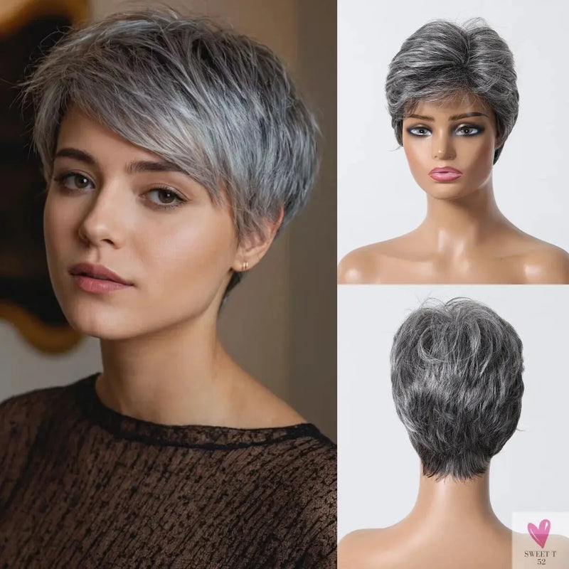 Short Pixie Cut Grey Human Hair Wig - 8 Inch Layered Fashion Blend Wig for Women, Daily Use Sweet T 52