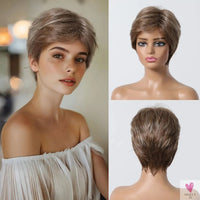 Short Pixie Cut Grey Human Hair Wig - 8 Inch Layered Fashion Blend Wig for Women, Daily Use Sweet T 52
