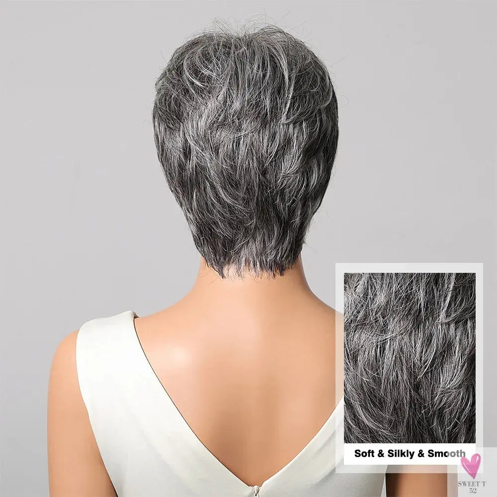 Short Pixie Cut Grey Human Hair Wig, 8 Inch Layered Fashion Blend Human Hair Wig for Women Sweet T 52