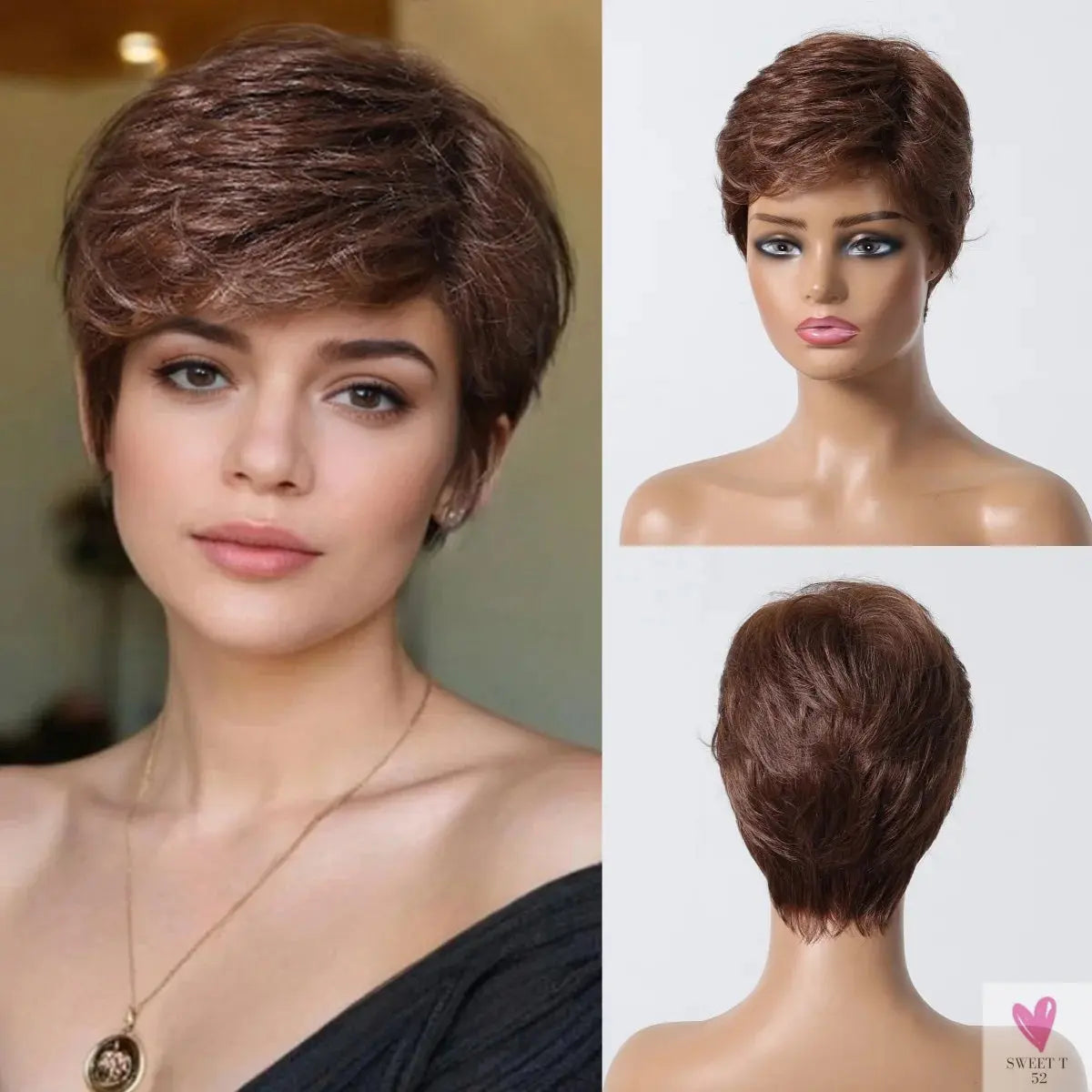 Short Pixie Cut Grey Human Hair Wig, 8 Inch Layered Fashion Blend Human Hair Wig for Women Sweet T 52